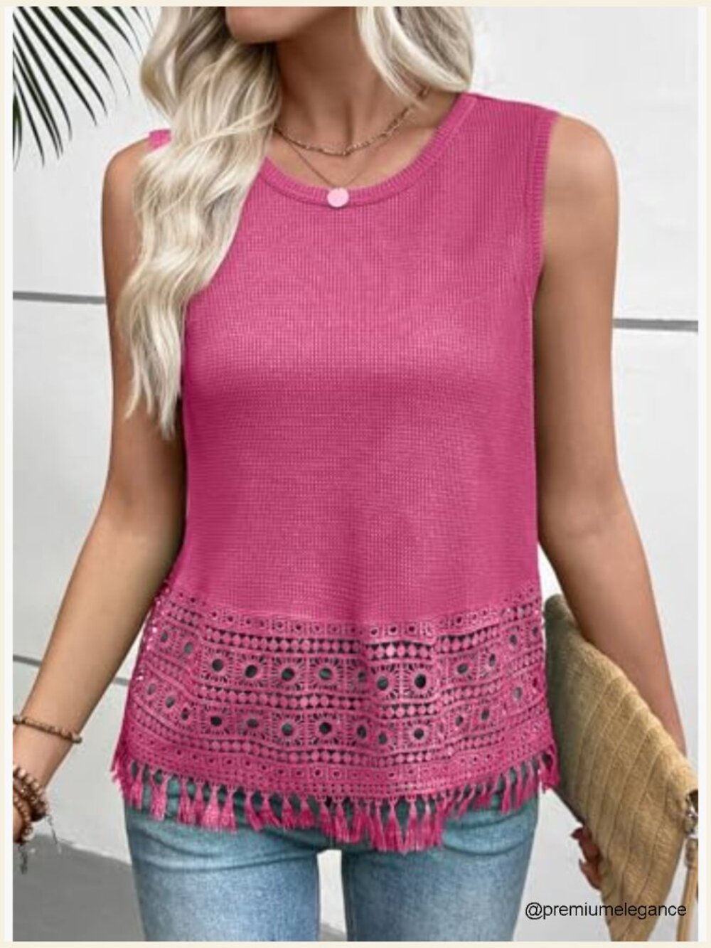 Waffle Knit Lace Crochet Boho Tank Top Sleeveless Crewneck Casual Vacation - Picture 3 of 6